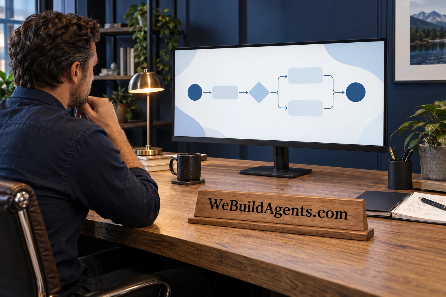 A builder arranging a focused agent workflow at a workshop desk