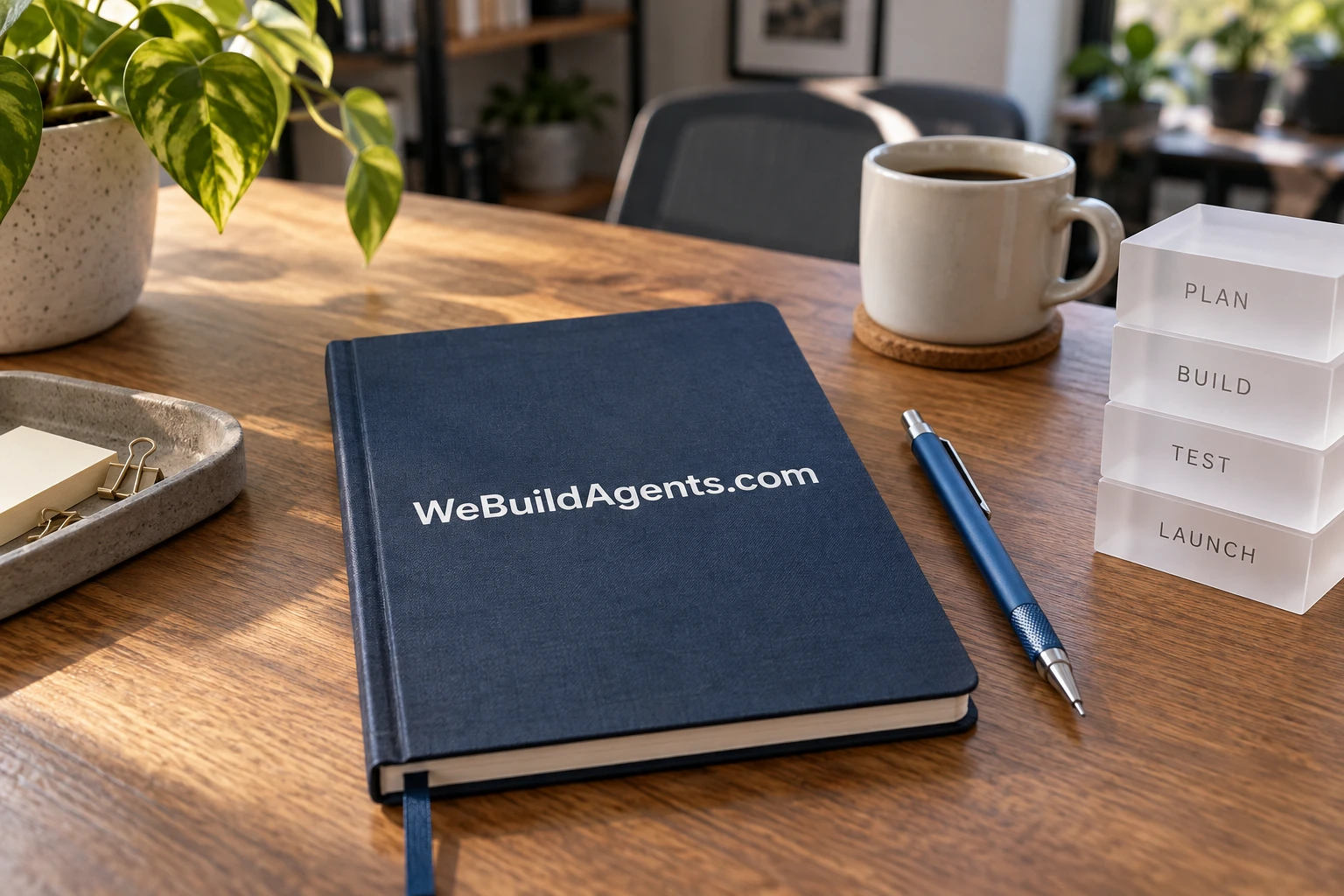 A practical software workshop with the WeBuildAgents.com name on a wooden sign